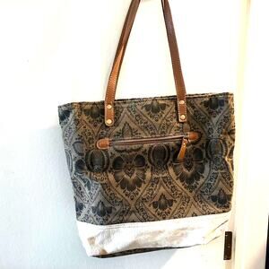 Cowhide leather trim and khaki print fabric tote, leather handles, Myra tote